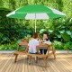 Kids enjoying the 3-in-1 outdoor picnic table with green umbrella, perfect for water and sand play in the yard.