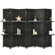 6-panel black room divider with hand-woven fiber design and 2 display shelves, ideal for creating private spaces.