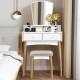 Makeup vanity set with unique shape mirror, six drawers, and solid stool, perfect for cosmetics and home decor.
