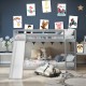 Twin over twin gray wooden bunk bed with slide, featuring a sturdy frame and safety guardrails for kids' fun and.