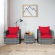 Two cushioned red chairs and a glass-top table from a 3-piece patio rattan furniture set for outdoor relaxation.
