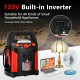 Jump starter air compressor power bank with LED light, 1500A peak current, and 120V inverter for versatile use.