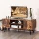 Rustic brown industrial TV stand with storage cabinets, designed for TVs up to 55", featuring sturdy engineered wood.
