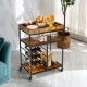 3-tier wood rolling kitchen serving cart in rustic brown with wine rack, glass holders, and ample storage for versatile.