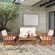 Patio solid wood furniture set featuring beige cushions, including a loveseat and two chairs, perfect for outdoor.
