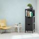 Black wooden floor cabinet with three shelves and two drawers, ideal for bathroom or living room storage.