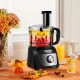 8-cup food processor with 500W motor, featuring three blades for slicing, shredding, and juicing, ideal for family.