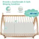 Tri-fold memory foam baby mattress with rounded corners, fits standard playpens, ideal for travel and easy cleaning.