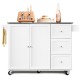 White kitchen island storage cabinet with stainless steel top, featuring 2 doors, 3 drawers, and wheels for easy.