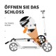 Folding aluminium adjustable kick scooter in white with a shoulder strap, showcasing the folding mechanism for easy.