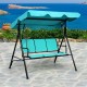 Front view of a 3-person patio swing featuring a vibrant blue canopy and sturdy steel frame, ideal for outdoor lounging.