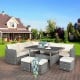 7-piece all-weather patio rattan dining set with off-white cushions, featuring a table, corner chairs, and ottomans for.