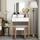 Vanity table set with large mirror, white finish, and cushioned stool, perfect for makeup and storage in any bedroom.