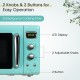 Close-up of the green retro countertop microwave oven with LED display, adjustable knobs, and buttons for easy.