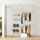 Telescopic clothes rack with adjustable height, shoe hooks, and shelves for organized storage in any room.