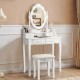 Front view of a white makeup vanity dressing table set with dimmable bulbs, featuring a clear mirror and elegant design.