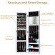 Wall-mounted jewelry cabinet in white with full-size mirror, featuring 40 ring slots and 25 hooks for organized storage.