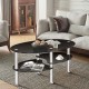 Elegant oval coffee table with black tempered glass and two bottom shelves, perfect for living room storage and style.