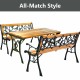 Garden bench with iron-cast frame and solid wood seat, weatherproof for outdoor use, seating three adults comfortably.