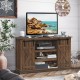 Brown sliding barn TV stand with metal rail, accommodating TVs up to 60", featuring rustic doors and cable management.