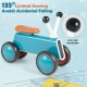 Baby balance bike in blue with 135-degree steering, non-slip handlebars, and cushioned seat for safe riding.