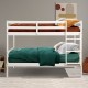 Twin bunk bed in white with solid hardwood, featuring a wide ladder and safety guardrails, ideal for compact spaces.
