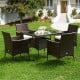 Outdoor 5-piece dining table set featuring a sturdy steel frame, PE rattan, and soft cushions for patio relaxation.