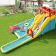 Colorful 7-in-1 inflatable water park with dual slides, pool, and climbing wall for outdoor fun and safety.