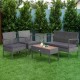 Rattan patio conversation set featuring 2 single sofas, a loveseat, and an acacia wood tabletop, perfect for outdoor.