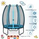4 feet kids trampoline with blue enclosure net, ASTM certified, features safety fence design for indoor and outdoor.