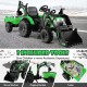 Kids ride-on excavator in green with shovel bucket, digging bucket, and trailer for fun outdoor adventures.