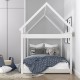 Kids platform floor bed with roof in white, featuring sturdy wooden frame and thickened slats for stability and.