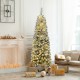 Snow flocked 6 feet pre-lit pencil Christmas tree with 250 warm LED lights, perfect for limited spaces and festive.