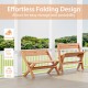 2-person folding outdoor bench made of teak wood, featuring a slatted seat and space-saving design for backyard or.