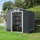 Gray 7x4 feet metal storage shed with sliding double lockable doors, ideal for outdoor tool storage and organization.