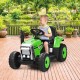 Ride-on tractor for kids with detachable trailer, 12V motor, remote control, and safety features in vibrant green.