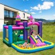 Unicorn-themed inflatable bounce house with slide, ball pit, and mesh walls for kids' outdoor fun and safety.