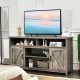 59-inch farmhouse TV stand with barn doors, open shelves, and side cabinets for ample storage in natural finish.