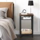 Industrial 3-tier end table with a rustic top and metal mesh storage shelves, perfect for bedroom or living room use.