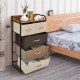 4-tier organizer tower with 5 fabric drawers and wooden top, perfect for bedroom or living room storage solutions.