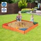 Kids playing in a colorful wooden sandbox with built-in corner seating, made from durable cedar and pine wood.
