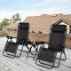 Two black zero gravity reclining lounge chairs with a folding table, perfect for outdoor relaxation and summer.