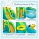 Inflatable water park bounce house with climbing wall, bright colors, and large splash pool for outdoor fun.