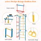 Indoor gym playground featuring a wall ladder, pull-up bar, rope ladder, and gymnastic rings for kids' fun and fitness.