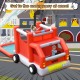 Fire truck-themed inflatable bounce house with slide and water spray for kids' outdoor fun and role-play games.