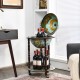 Globe wine bar stand with 16th-century map design, featuring a liquor bottle shelf and smooth rolling casters for easy.