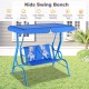 Kids patio swing bench with canopy, metal construction, puppy pattern, suitable for 2 children aged 3 to 5 years.