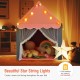 Kids playhouse tent in pink with colorful star string lights, featuring a soft cotton mat for a cozy atmosphere.
