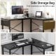 L-shaped dark gray computer desk with side storage pocket, reversible design, and robust metal frame for workspace.