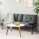 Convertible folding futon sofa bed in dark gray fabric with movable armrest and two cup holders, perfect for compact.